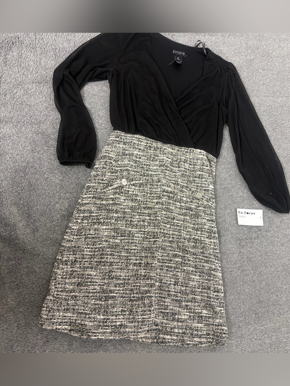 Enfocus Dress sz 8 Surplice Black Sheer Long Sleeve Two Tone Tweed Print Stretch
